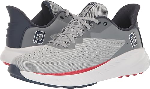 tenis FJ Footjoy  Flex XP  cinza com detalhes azul marinho e solado em vermelho