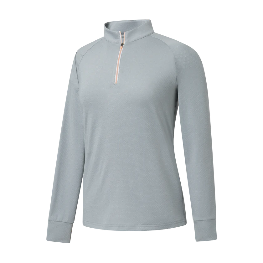 Camada intermediária feminina FootJoy 2025 com zíper 1/4 e estampa de bolinhas em jacquard - Cinza