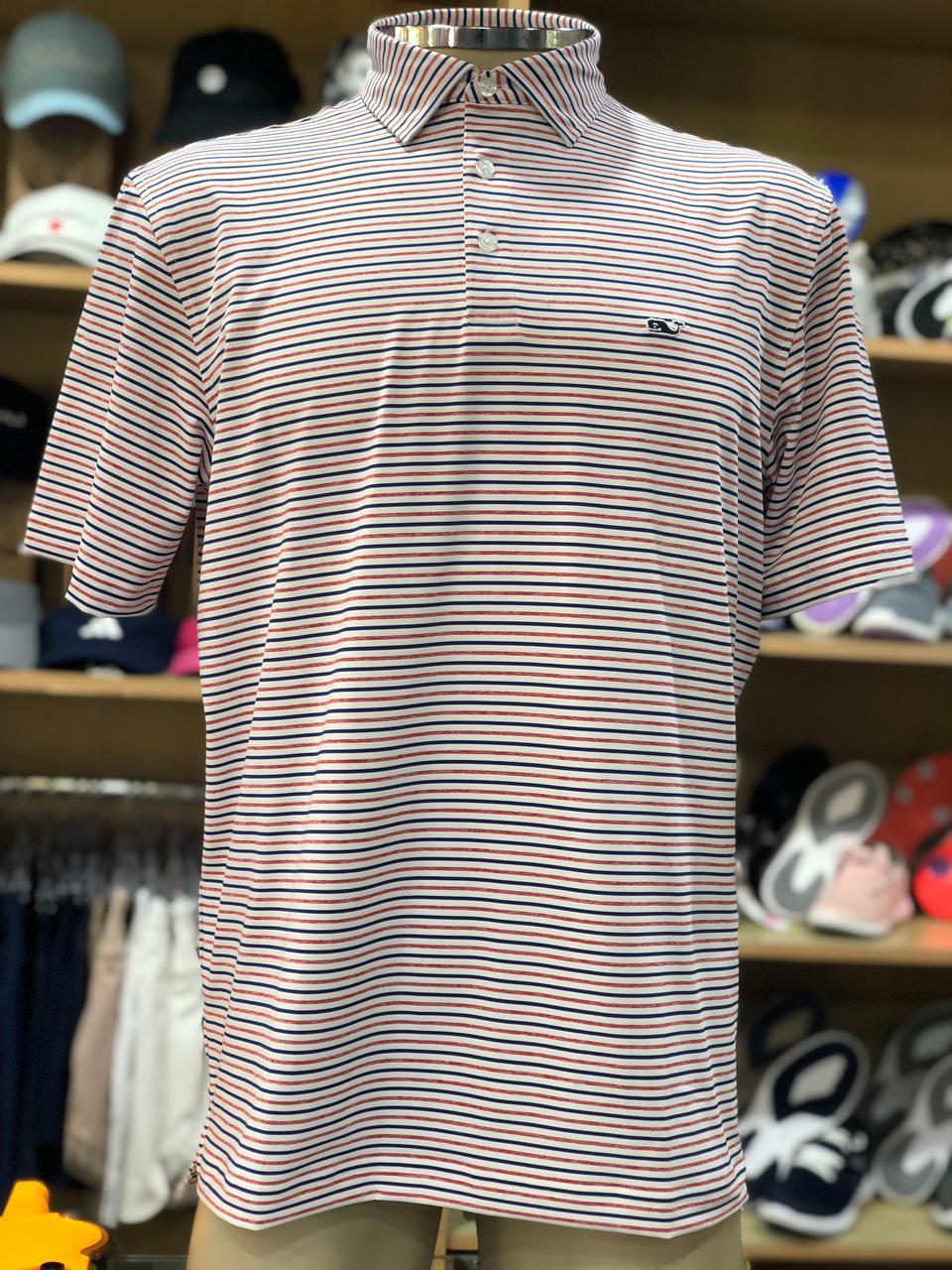 camisa polo masculina Vineyard Vine  branca com listras azul/vermelho